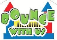 A logo for bounce with us with a castle in the background.