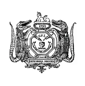 A black and white drawing of a coat of arms with alligators and a lion.