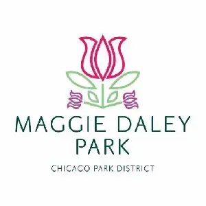 The logo for maggie daley park is a pink flower with green leaves.