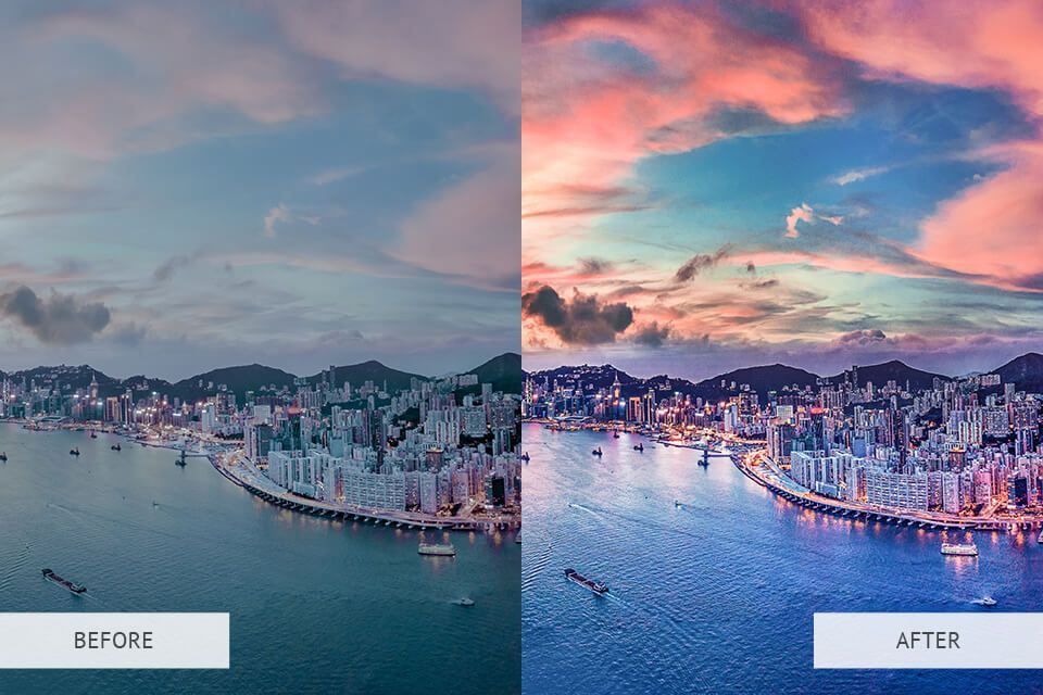 A before and after photo of a city overlooking a body of water.