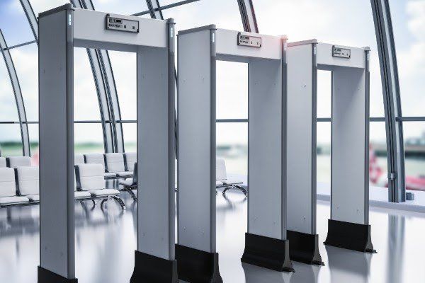 A row of metal detectors in an airport waiting area.