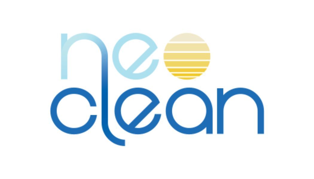A blue and yellow logo for neo clean