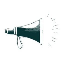 A black and white drawing of a megaphone on a white background.