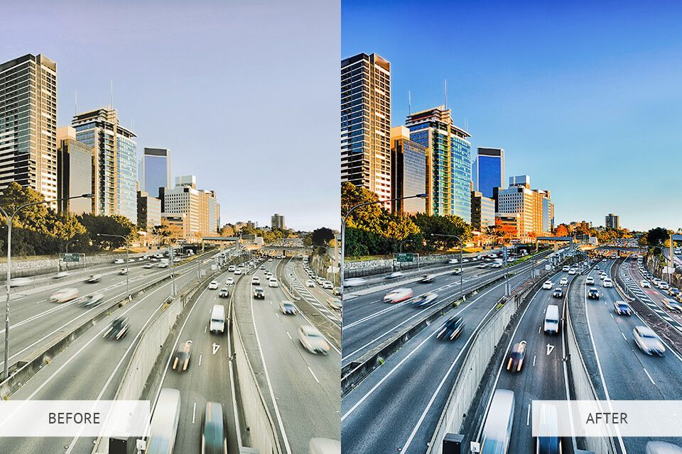 A before and after photo of a highway with a city in the background.