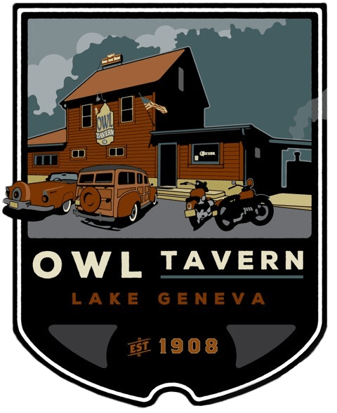 A logo for the owl tavern in lake geneva