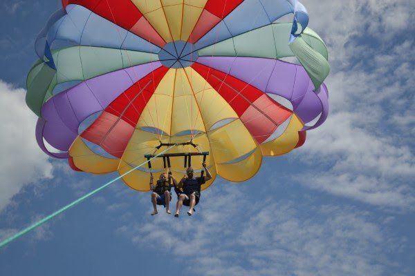 A group of people are parasailing in the sky