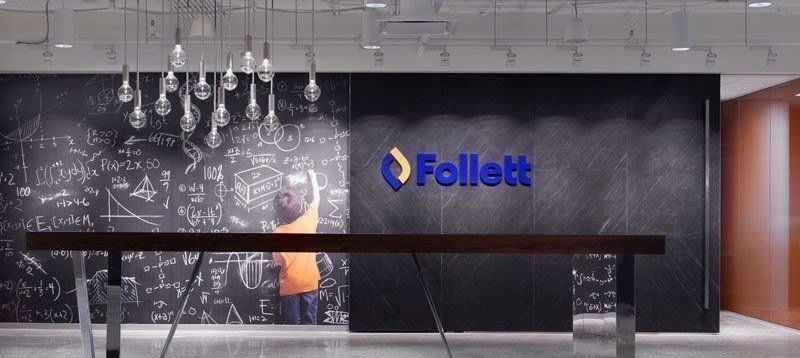 A room with a chalkboard and a sign that says follett