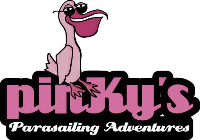 Pinky 's parasailing adventures logo with a pink pelican