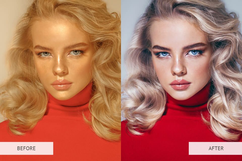 A before and after photo of a woman with blonde hair wearing a red turtleneck.