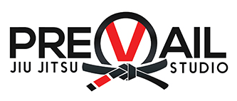 The logo for prevail jiu jitsu studio shows a black belt with a red circle around it.