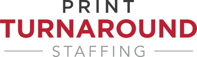 The logo for print turnaround staffing is red and black on a white background.