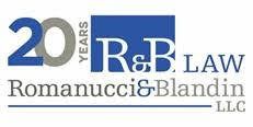 The logo for romanucci & blandin law llc is blue and white.