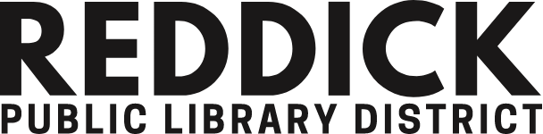 The reddick public library district logo is black and white