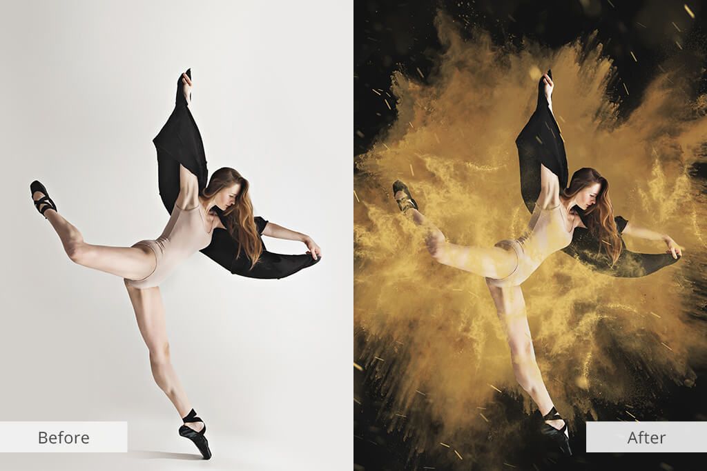 A before and after photo of a ballerina in a black dress