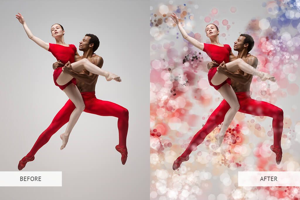 A before and after photo of a man and a woman dancing.