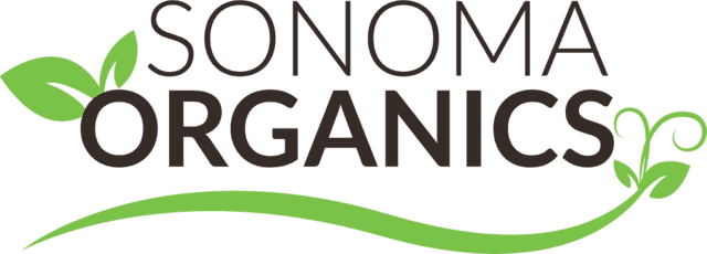 A logo for sonoma organics with a green wave and leaves.