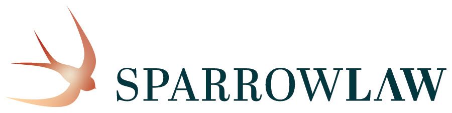 A logo for sparrow law with a bird on a white background.