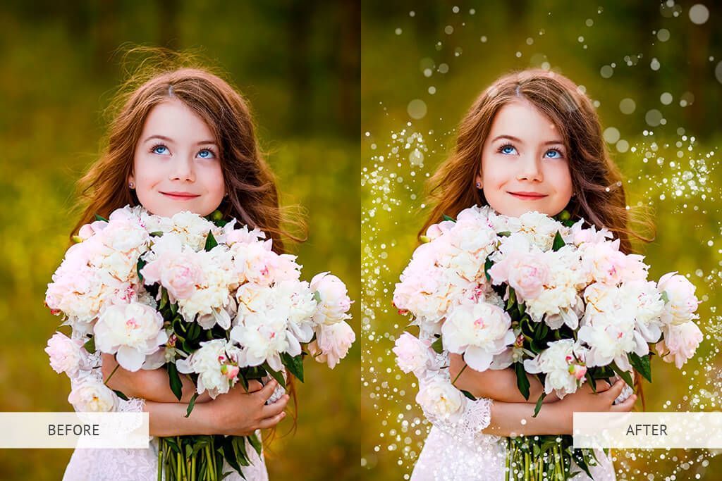 A little girl is holding a bouquet of flowers in her hands.