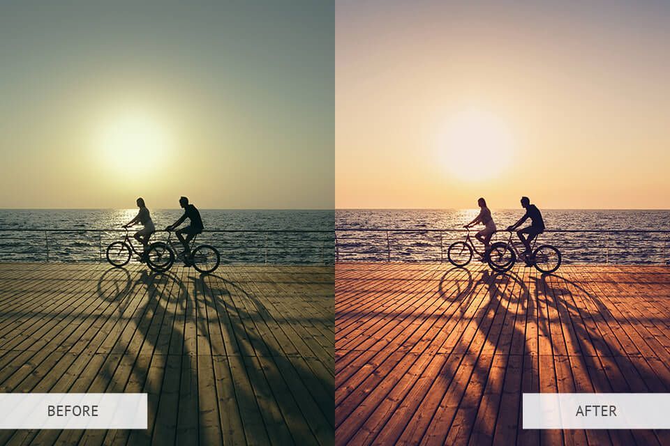 A before and after photo of two people riding bikes on a pier.