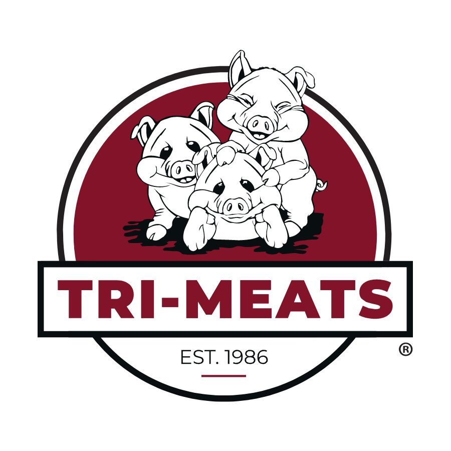 The tri-meats logo shows three pigs hugging each other in a circle.