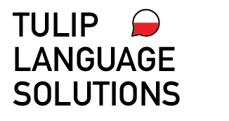 A logo for tulip language solutions with a red and white speech bubble.