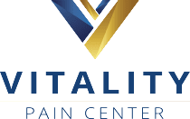 The vitality pain center logo has a blue and gold v on it.