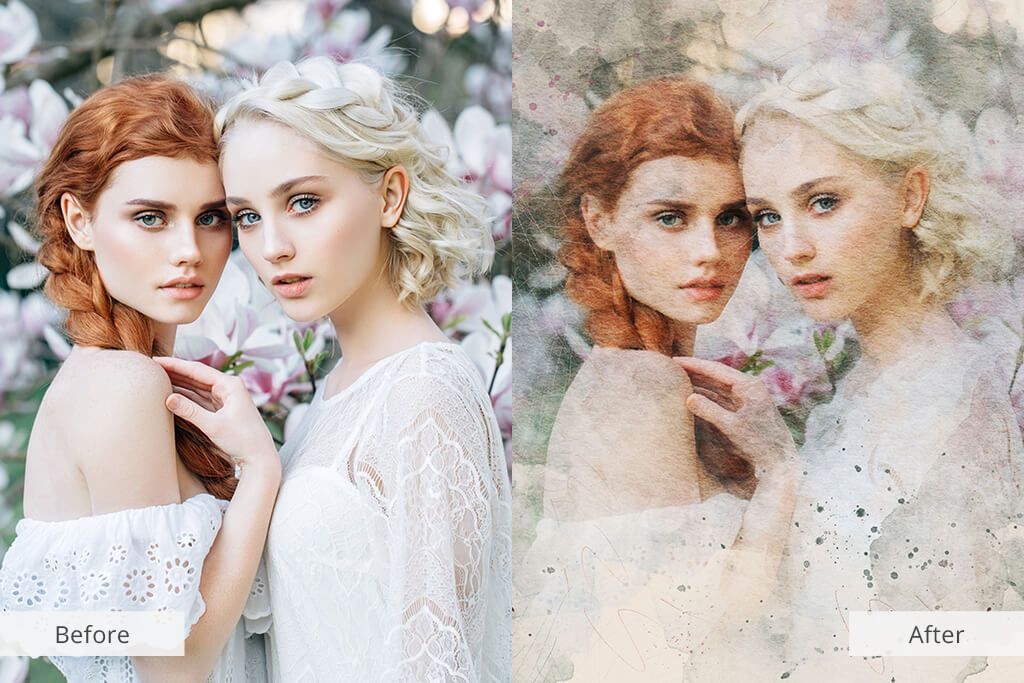 Two women are standing next to each other in front of a tree with flowers.