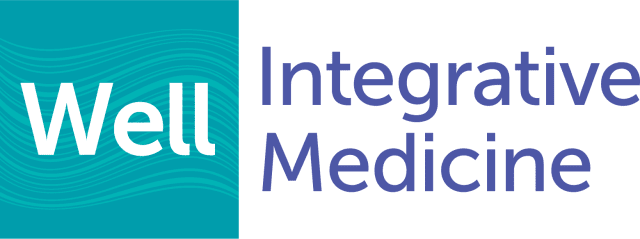 The logo for well integrative medicine is blue and white.