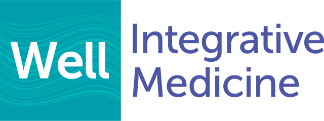 The logo for well integrative medicine is blue and white.