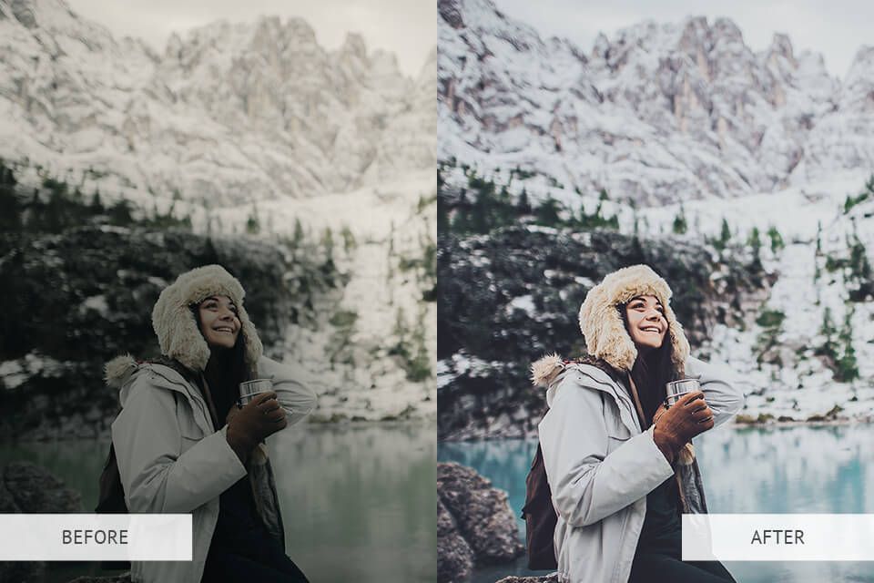 A before and after photo of a woman drinking coffee in the mountains.