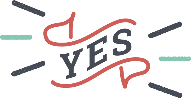 A red and black ribbon with the word yes written on it.