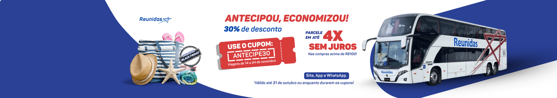 Banner com um ônibus de dois andares, texto promocional e fundo azul.