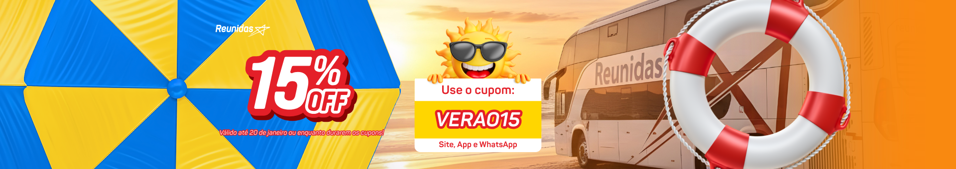 Cupom verão 2026 15% desconto. Válido de 15 a 20 janeiro 2026.
