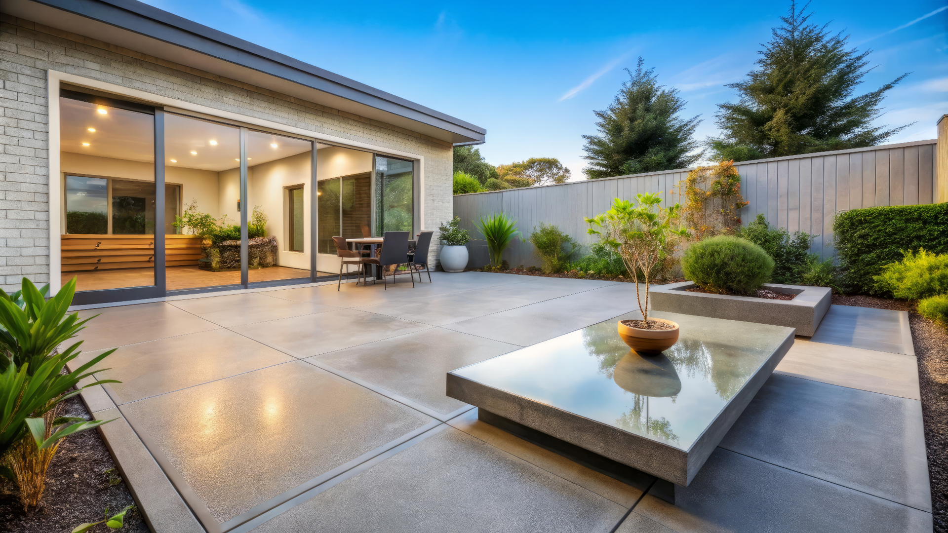 A patio with a table and chairs in front of a house.