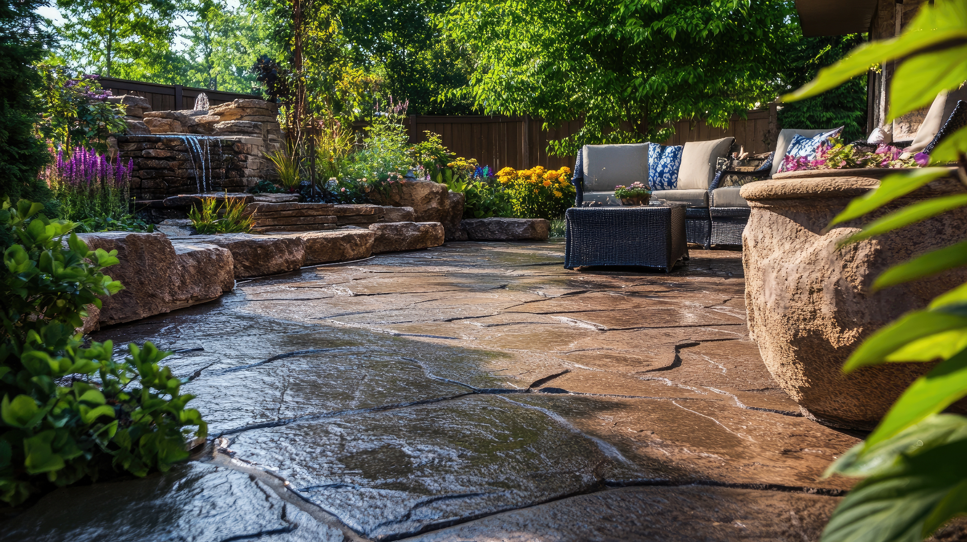 A stone patio with a waterfall and a couch and chairs in a backyard.