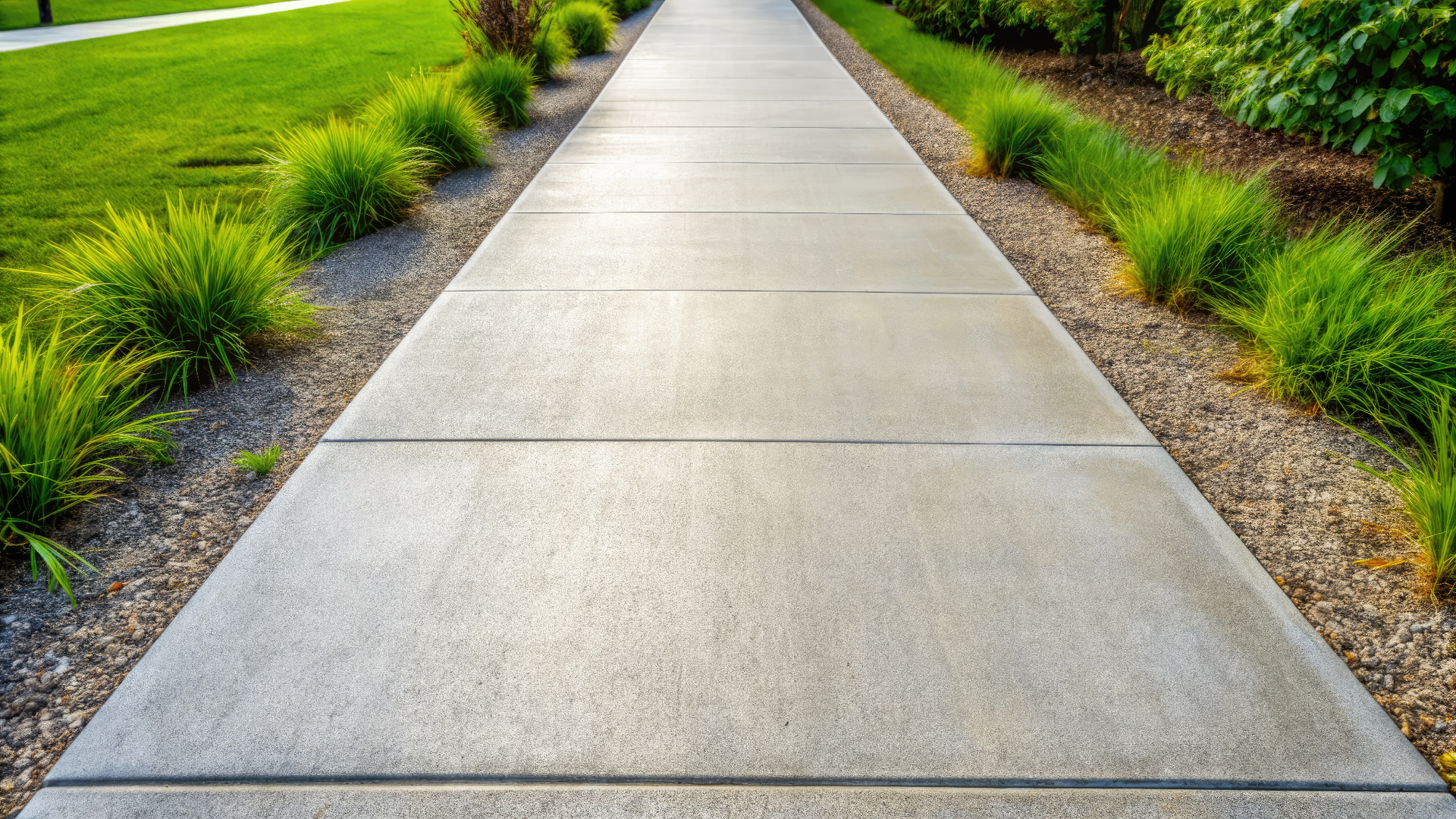 A concrete walkway going through a park surrounded by grass and bushes.