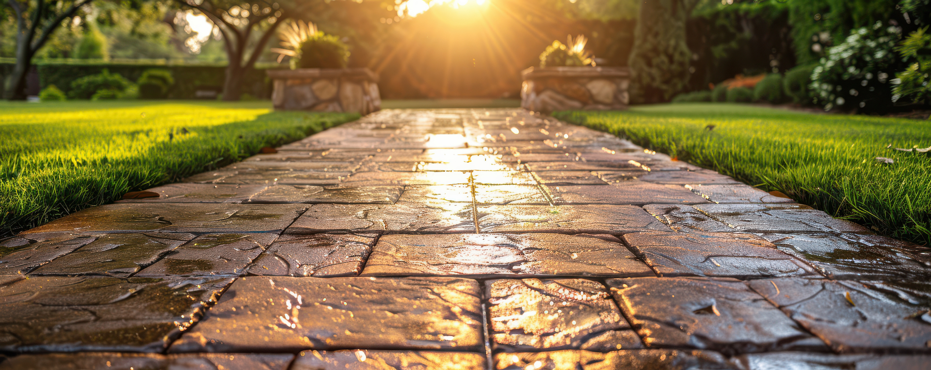 The sun is shining through the trees on a brick walkway in a park.
