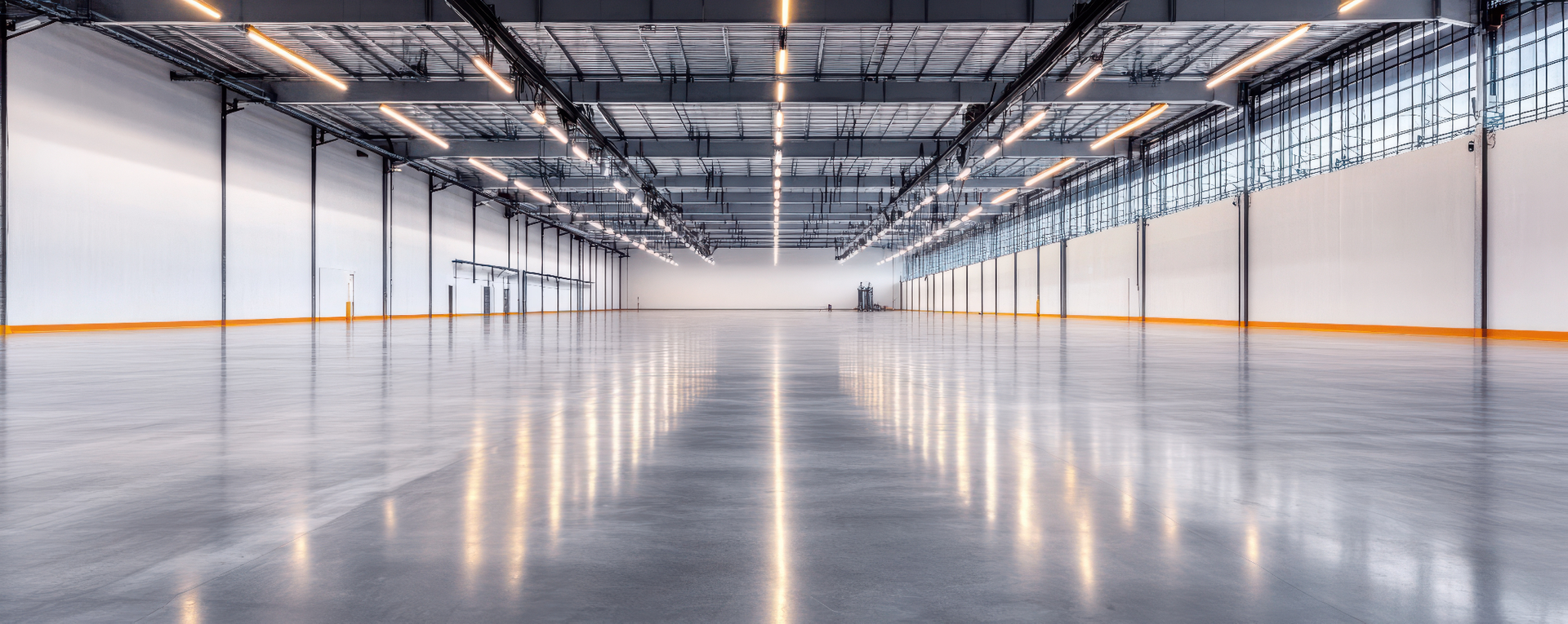A large empty warehouse with a concrete floor and lots of windows.