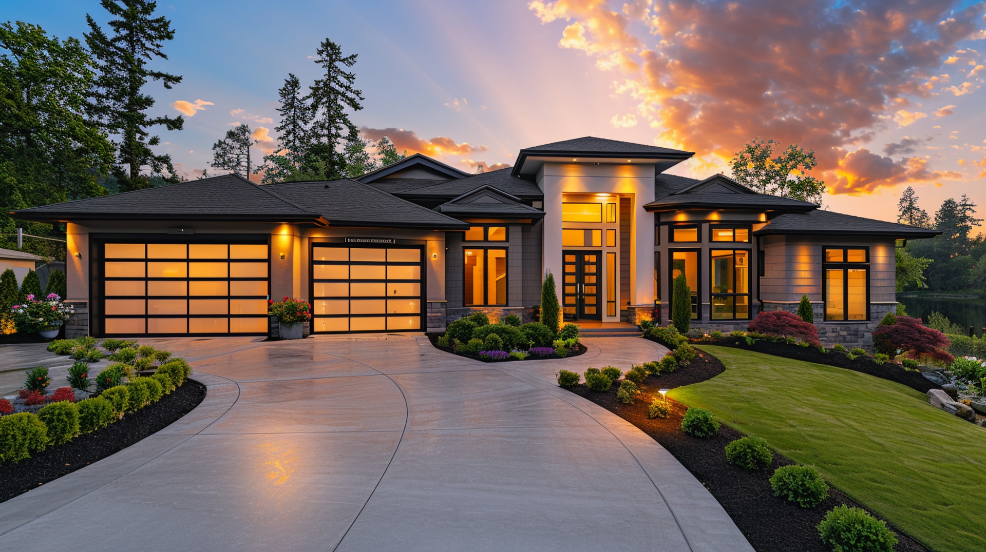 A large house with a driveway leading to it is lit up at night.