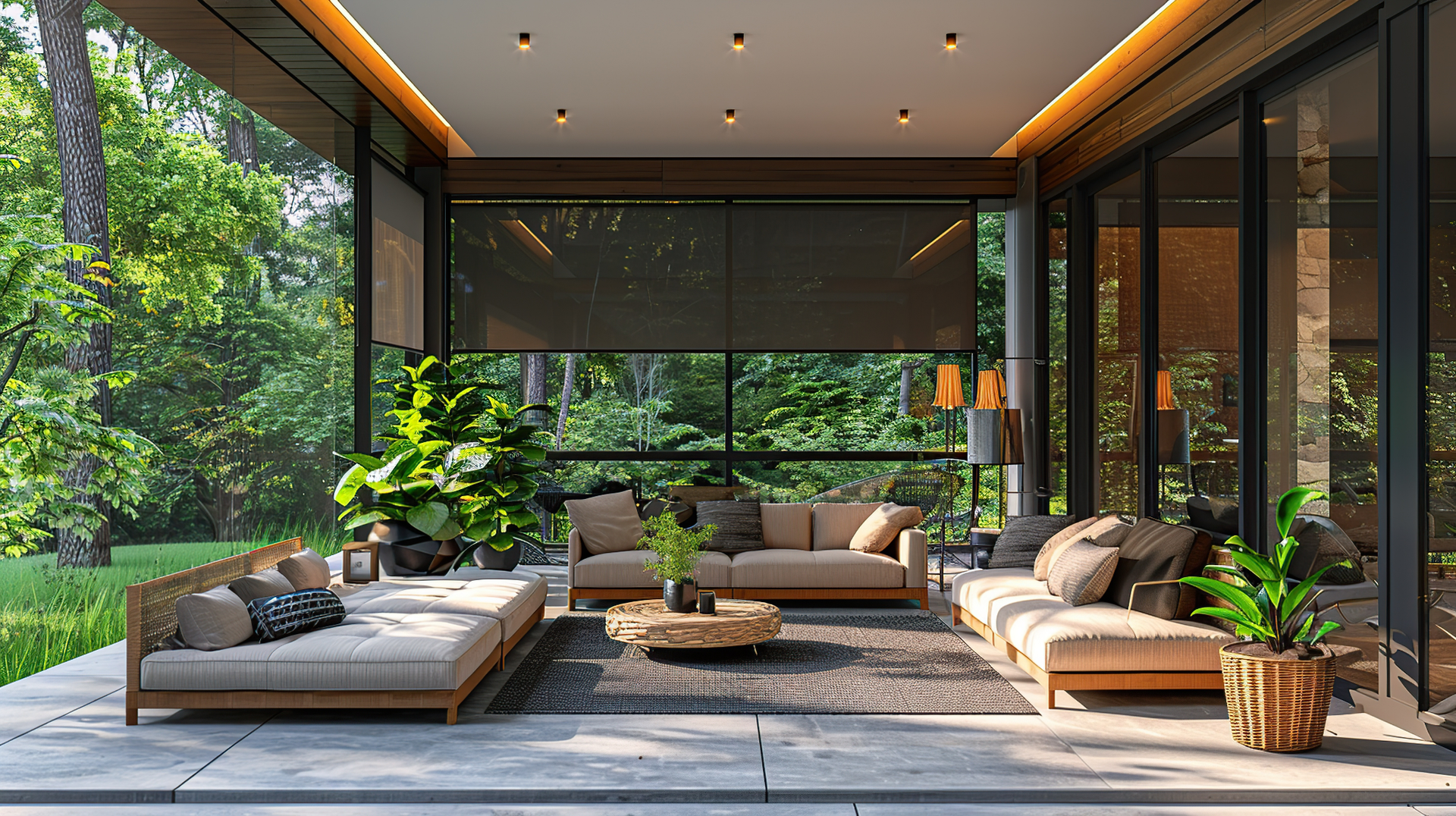 A living room with a lot of furniture and a lot of windows.