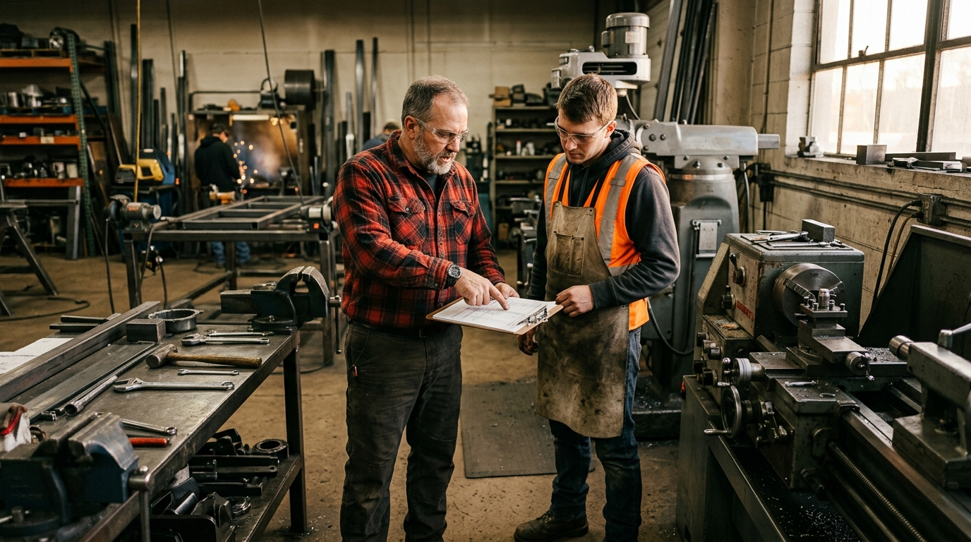 Foreman in flannel shirt reviewing clipboard with younger employee inside a small Midwestern workshop