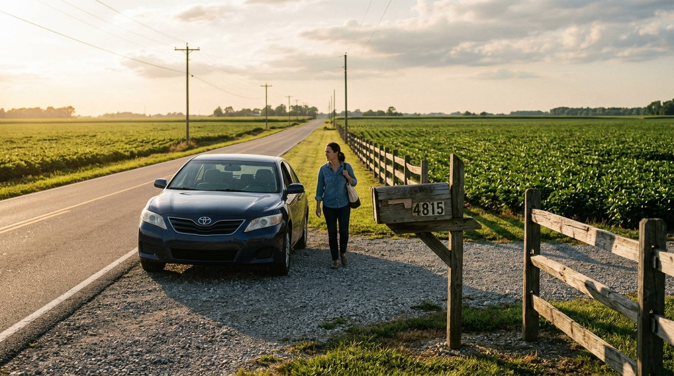 Sedan parked along a rural Indiana road with a wooden mailbox and soybean field at golden hour