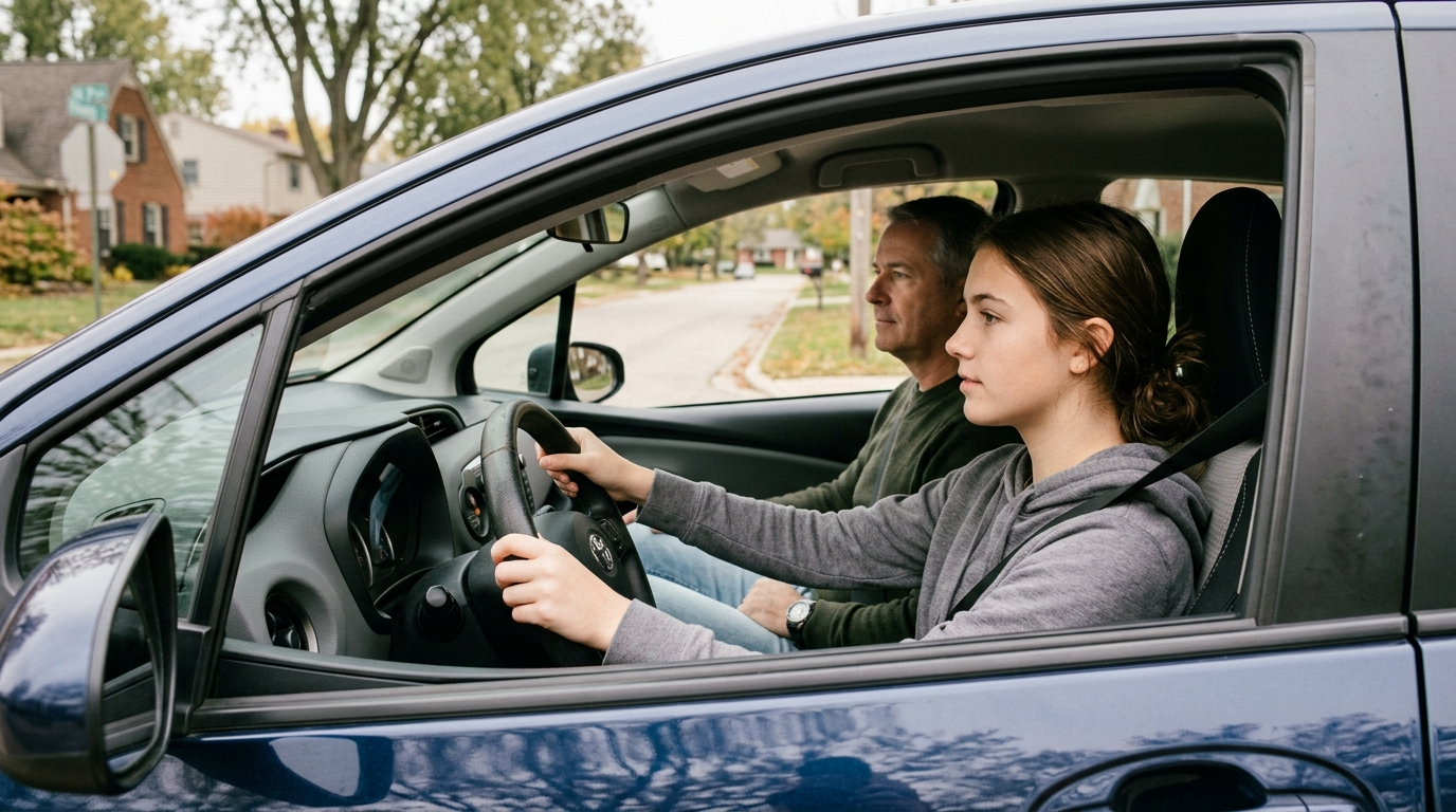 Teen driver behind the wheel with parent in the passenger seat on a quiet Indiana street