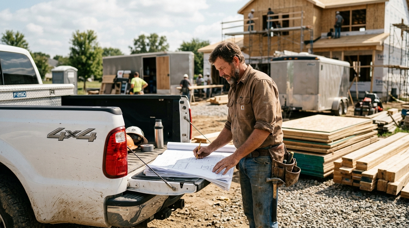 Contractor reviewing blueprints on the tailgate of a white work pickup at a residential jobsite