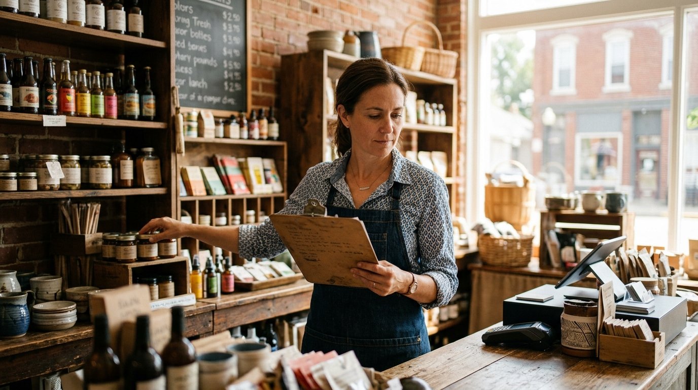 Small business owner organizing inventory behind the counter of a main-street shop in morning window light