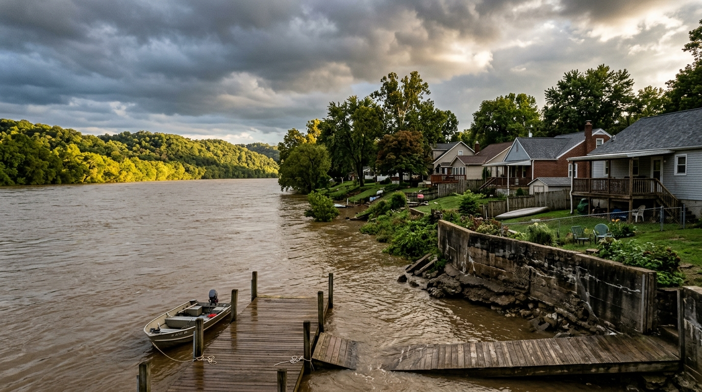 Swollen muddy river lapping at a wooden boat dock with riverfront homes and breaking storm clouds