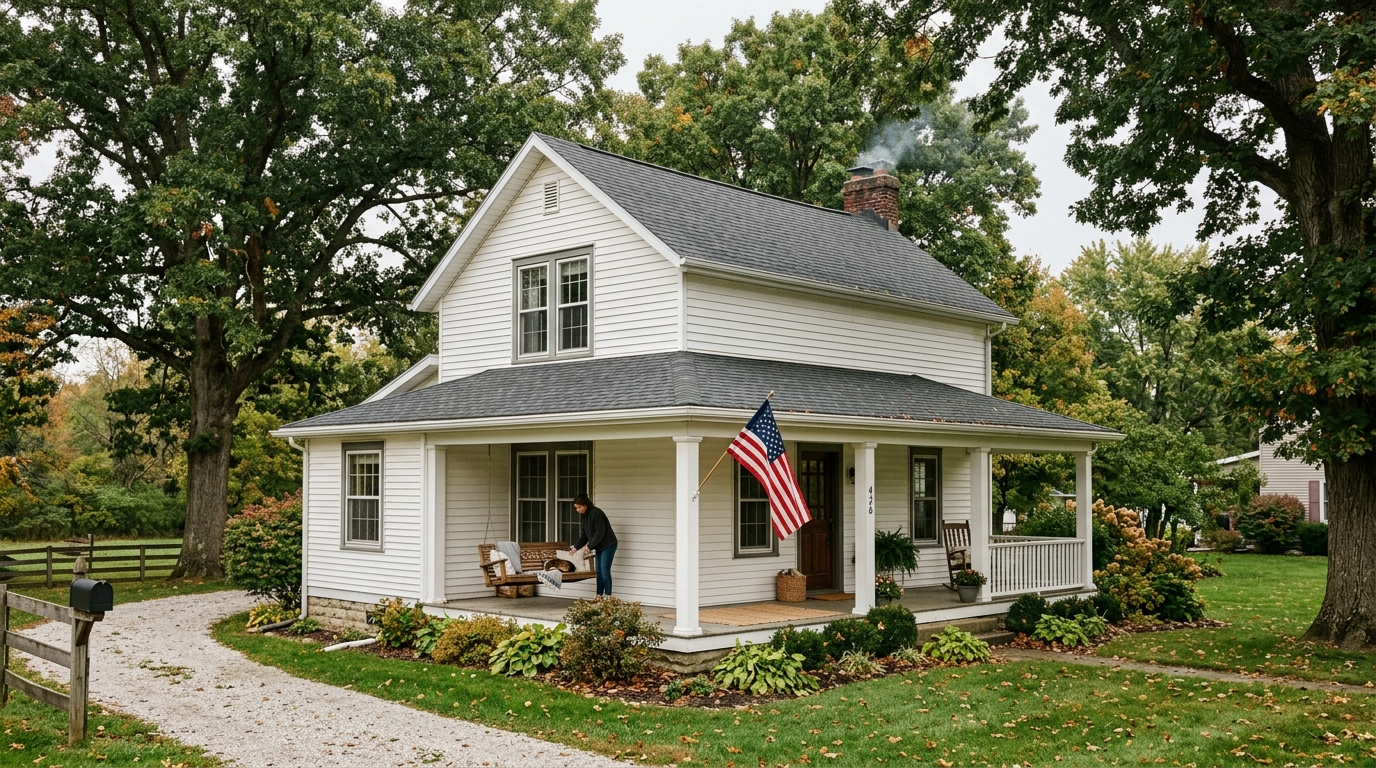 Two-story white farmhouse with wraparound porch and mature oak trees in small-town southeast Indiana