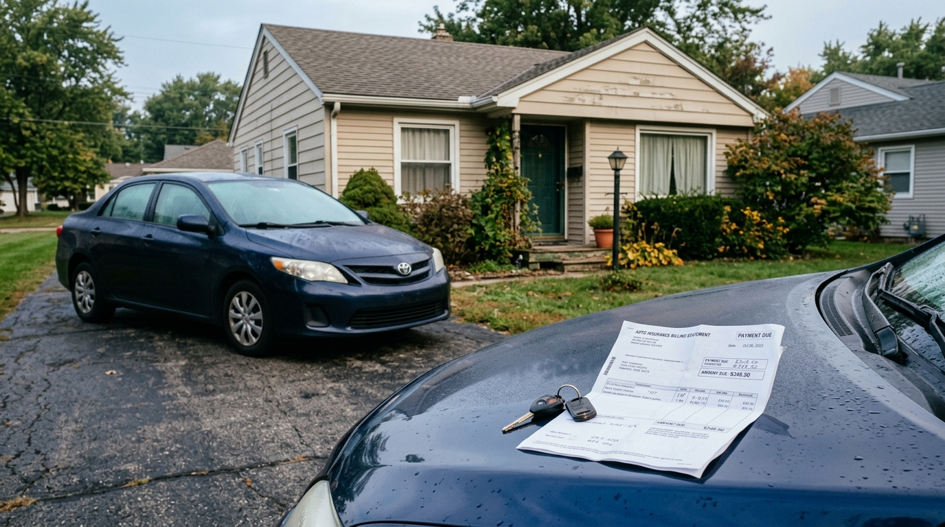 Car keys and an opened insurance bill resting on the hood of a sedan in a Midwestern driveway
