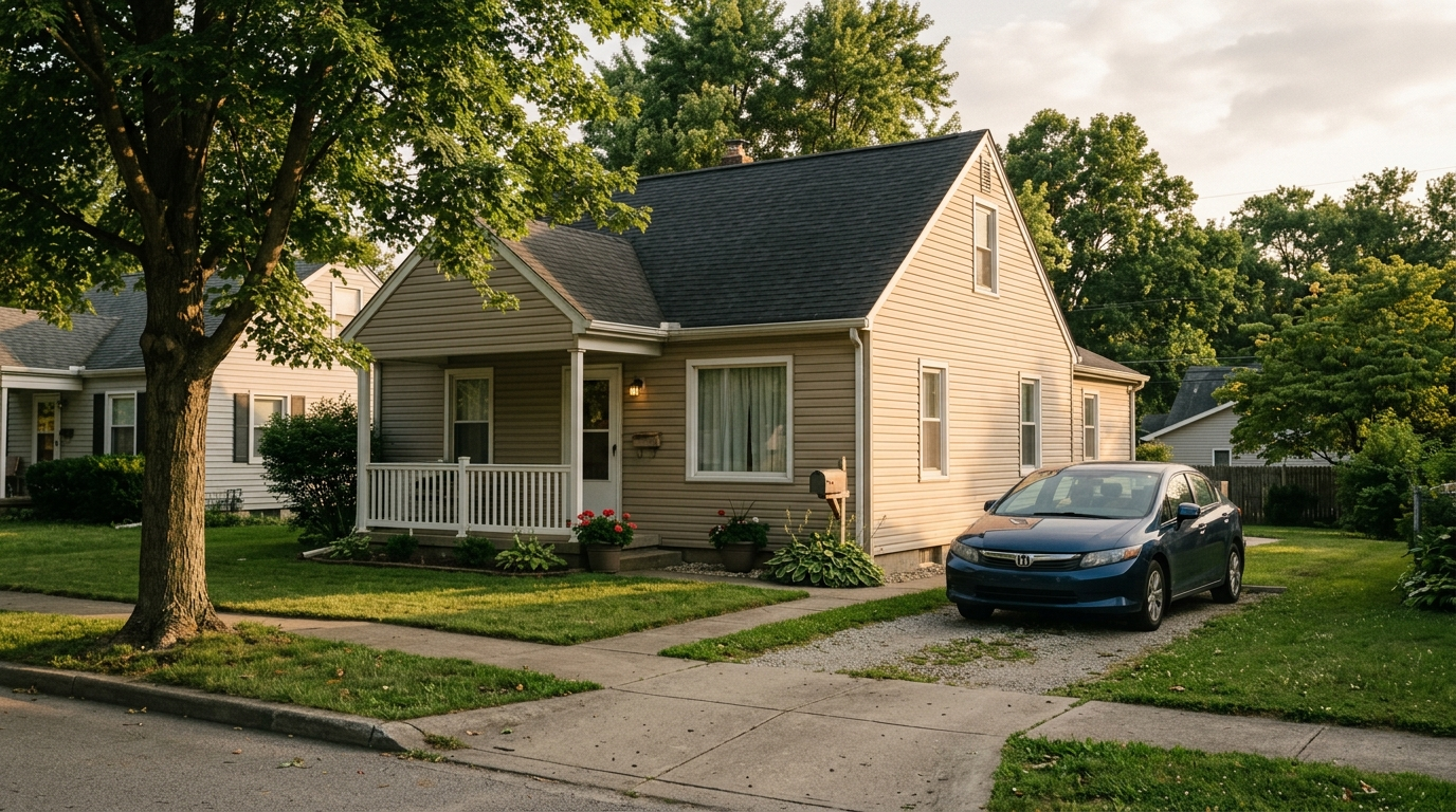 Modest two-story Indiana home with a sedan in the driveway at golden hour