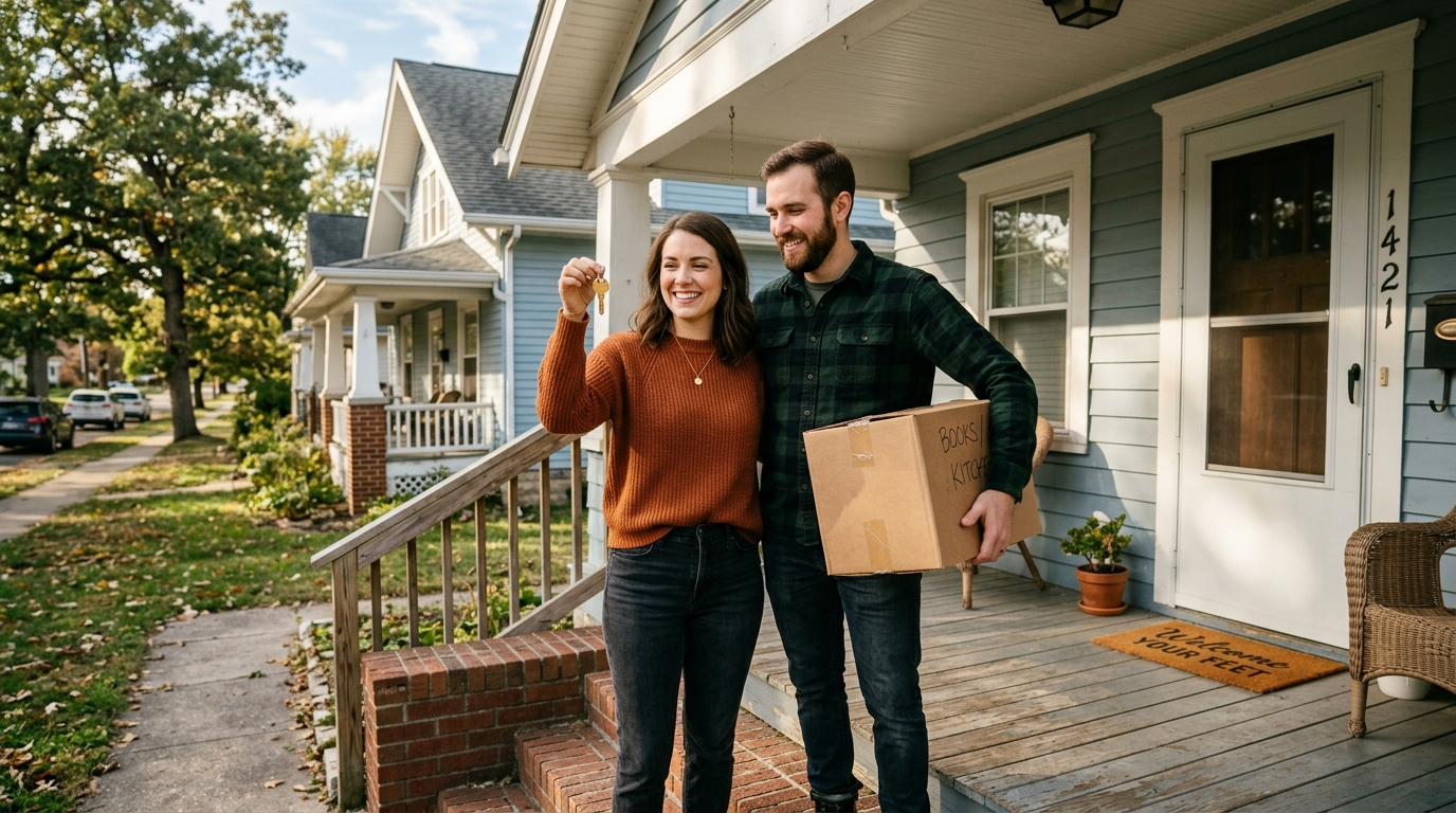 Young couple on the front porch of an Indiana home holding a new house key and a moving box